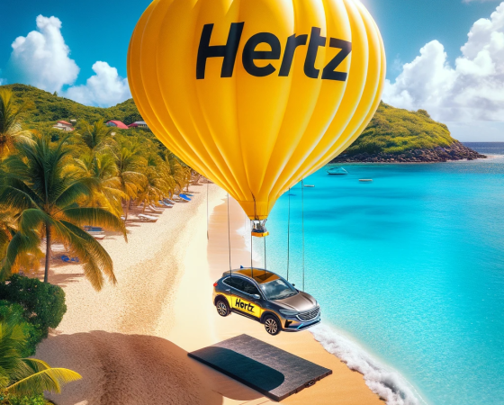 DALL·E 2024-01-12 16.52.52 - A car being gently lowered onto one of the beautiful beaches of Saint Barthélemy by large yellow balloons, symbolizing the Hertz company. The car is d