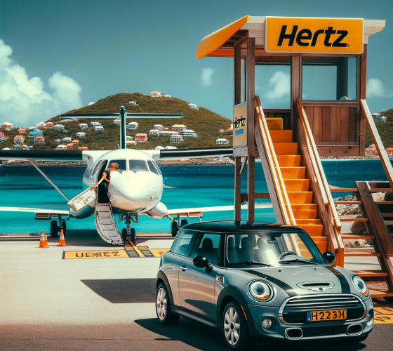 DALL·E 2024-01-12 16.59.14 - A small airplane that has just landed on the Saint Barthélemy runway, with its door open and stairs leading directly to a Mini Cooper parked near a He