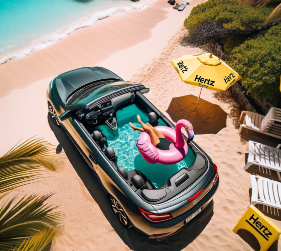 DALL·E 2024-01-12 17.06.16 - A convertible car seen from above, parked at the edge of a Saint Barth beach. Inside the car, there's a small swimming pool, and a person in a swimsui