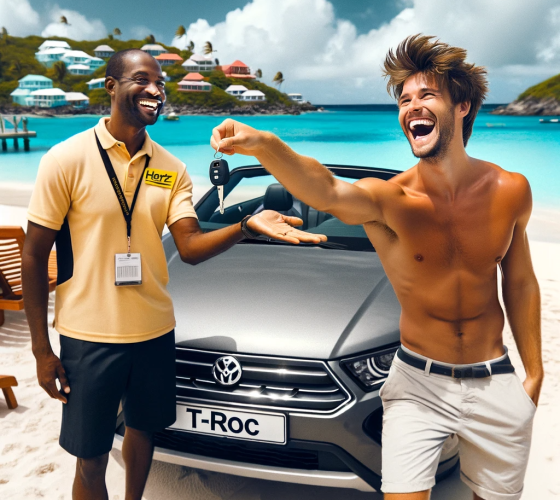 DALL·E 2024-01-12 17.20.08 - A joyous scene on a Saint Barth beach featuring a man beaming with happiness next to a T-Roc Cabriolet. A Hertz employee is in the process of handing